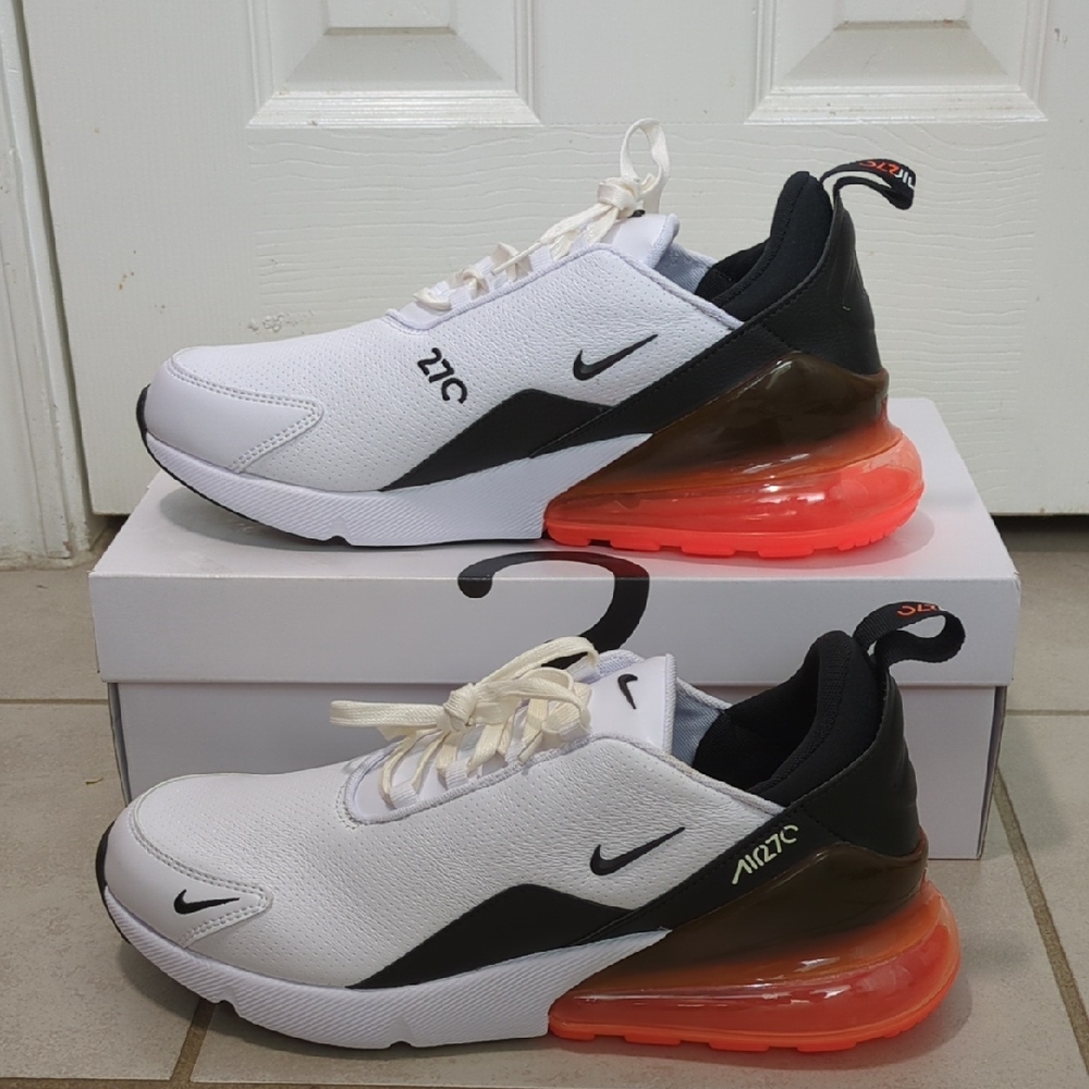 New! Nike Air Max 270 Pemium Leather, White and Black with Orange Sole Sneakers